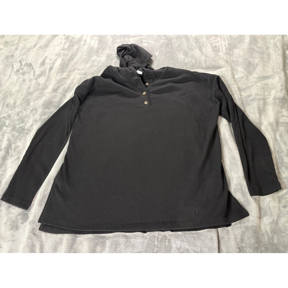 Old Navy Womens Ribbed Henley Hoodie L Tall Black Long Sleeve Tunic Pullover